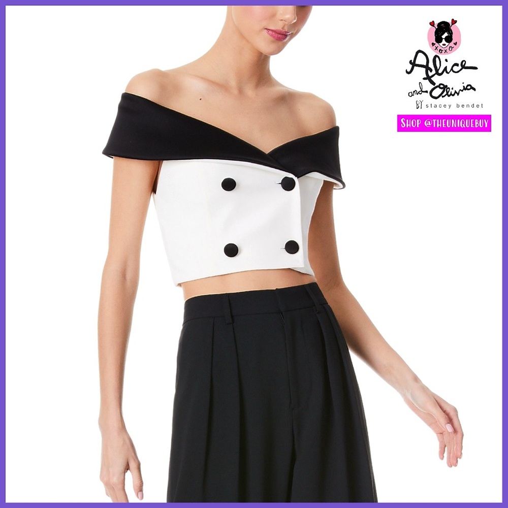 Alice + Olivia Avalon Off Shoulder Double Breasted Off White Black Crop Top